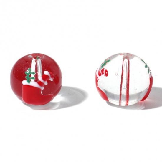 Picture of Lampwork Glass Beads Round Red Christmas Stocking Enamel About 14mm Dia, Hole: Approx 1.5mm, 5 PCs