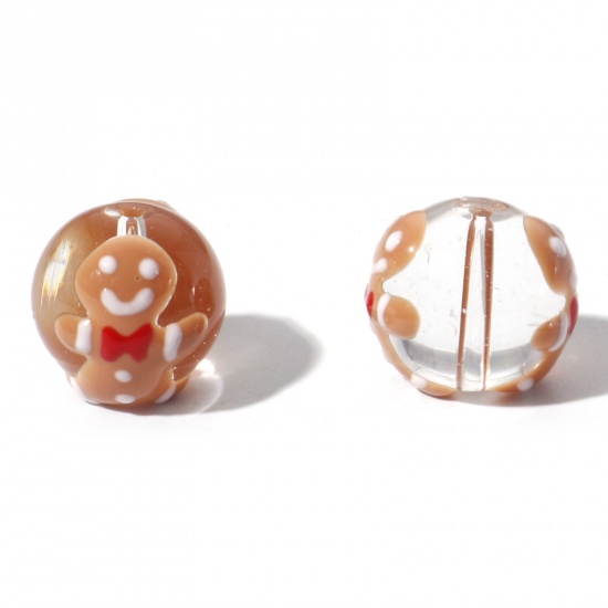Picture of Lampwork Glass Beads Round Khaki Christmas Gingerbread Man Enamel About 14mm Dia, Hole: Approx 1.5mm, 5 PCs