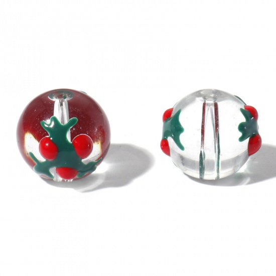 Picture of Lampwork Glass Beads Round Green Christmas Holly Leaf Enamel About 14mm Dia, Hole: Approx 1.5mm, 5 PCs