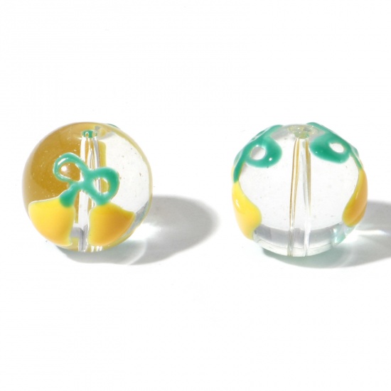 Picture of Lampwork Glass Beads Round Yellow Christmas Jingle Bell Enamel About 14mm Dia, Hole: Approx 1.5mm, 5 PCs
