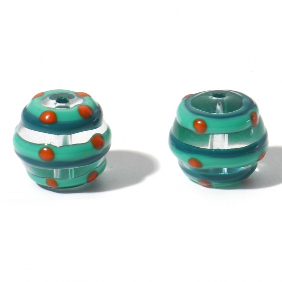 Picture of Lampwork Glass Beads Round Green Christmas Color Bar Enamel About 13mm Dia, Hole: Approx 1.5mm, 5 PCs