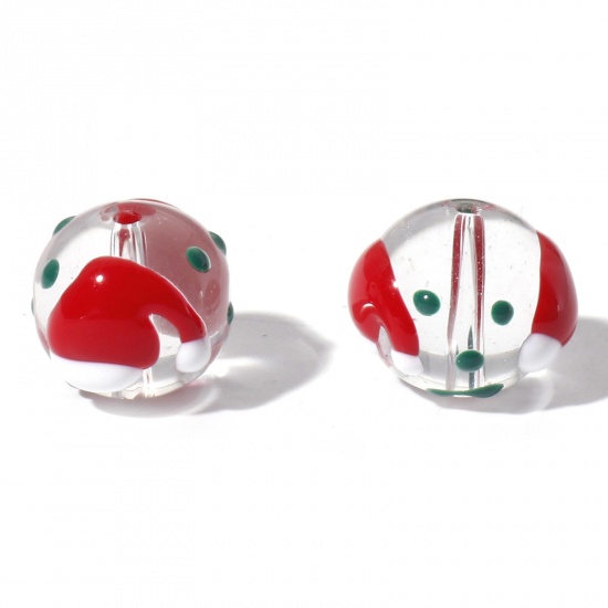 Picture of Lampwork Glass Beads Round Red Christmas Hats Enamel About 14mm Dia, Hole: Approx 1.5mm, 5 PCs