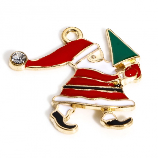 Picture of Zinc Based Alloy Christmas Charms Gold Plated White & Red Christmas Santa Claus Christmas Tree Enamel 24mm x 23mm, 10 PCs