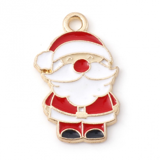 Picture of Zinc Based Alloy Christmas Charms Gold Plated White & Red Christmas Santa Claus Enamel 22.5mm x 14mm, 10 PCs
