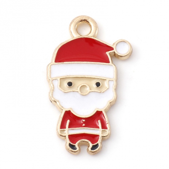 Picture of Zinc Based Alloy Christmas Charms Gold Plated White & Red Christmas Santa Claus Enamel 22mm x 13mm, 10 PCs