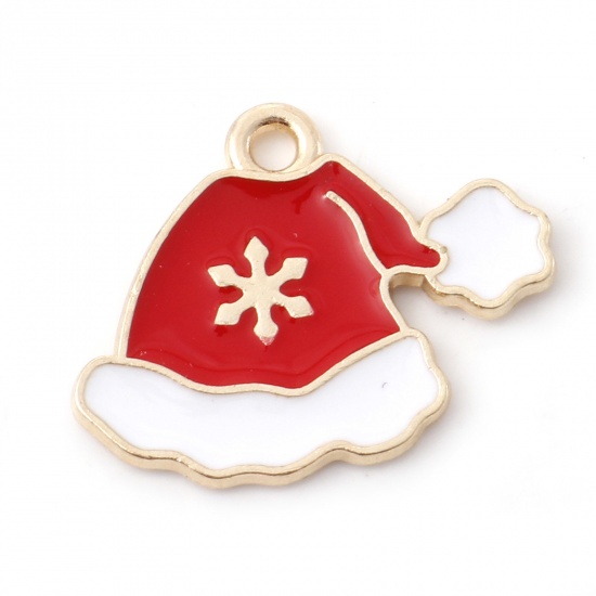 Picture of Zinc Based Alloy Christmas Charms Gold Plated White & Red Christmas Hats Enamel 21mm x 18mm, 10 PCs