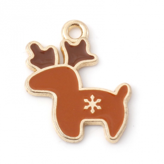 Picture of Zinc Based Alloy Christmas Charms Gold Plated Brown Christmas Reindeer Snowflake Enamel 20mm x 17mm, 10 PCs