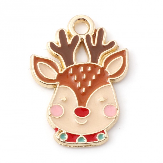 Picture of Zinc Based Alloy Christmas Charms Gold Plated Brown Christmas Reindeer Enamel 21mm x 15mm, 10 PCs