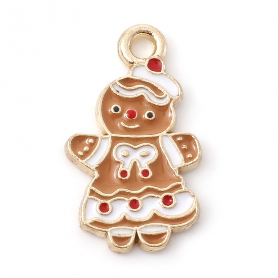 Picture of Zinc Based Alloy Christmas Charms Gold Plated Brown Christmas Ginger Bread Man Enamel 20mm x 12mm, 10 PCs