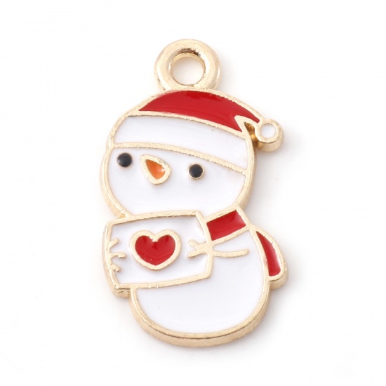 Picture of Zinc Based Alloy Christmas Charms Gold Plated White & Red Christmas Snowman Enamel 21mm x 12mm, 10 PCs