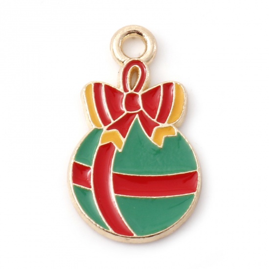Picture of Zinc Based Alloy Christmas Charms Gold Plated Red & Green Christmas Baubles Enamel 20mm x 12mm, 10 PCs