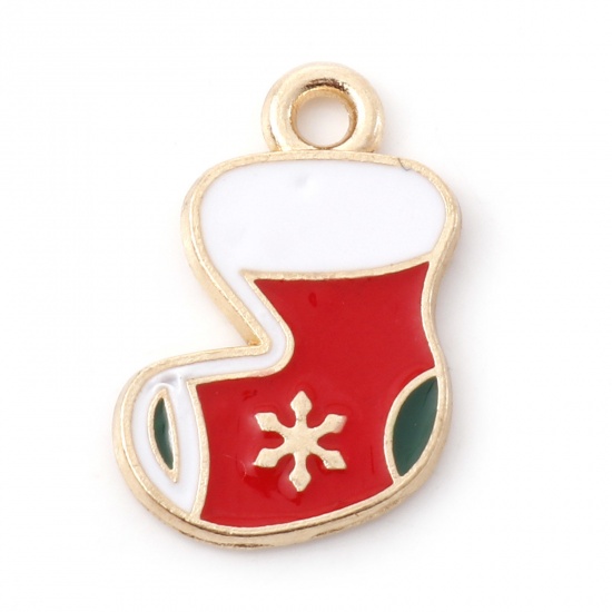 Picture of Zinc Based Alloy Christmas Charms Gold Plated White & Red Sock Enamel 18mm x 12mm, 10 PCs