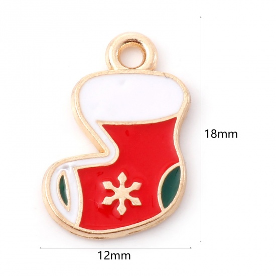 Picture of Zinc Based Alloy Christmas Charms Gold Plated White & Red Sock Enamel 18mm x 12mm, 10 PCs