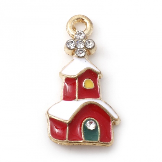 Picture of Zinc Based Alloy Christmas Charms Gold Plated Red House Enamel Clear Rhinestone 22mm x 12mm, 10 PCs