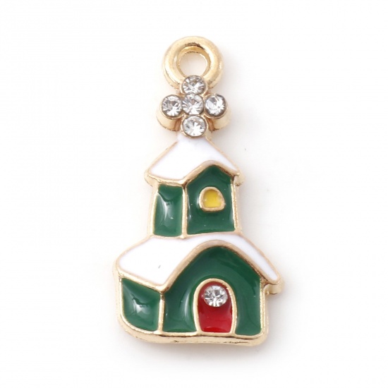Picture of Zinc Based Alloy Christmas Charms Gold Plated Green House Enamel Clear Rhinestone 22mm x 12mm, 10 PCs