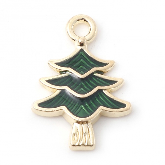 Picture of Zinc Based Alloy Christmas Charms Gold Plated Green Christmas Tree Enamel 20mm x 14mm, 10 PCs