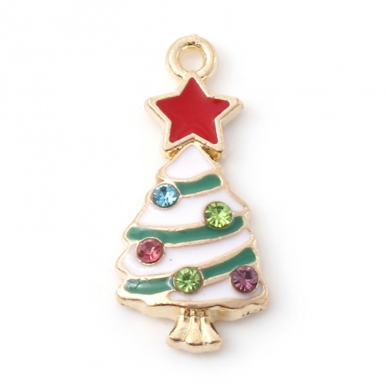 Picture of Zinc Based Alloy Christmas Charms Gold Plated White & Red Christmas Tree Enamel Multicolor Rhinestone 23mm x 11mm, 10 PCs