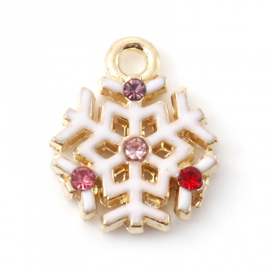 Picture of Zinc Based Alloy Christmas Charms Gold Plated White Christmas Snowflake Enamel Multicolor Rhinestone 16mm x 13mm, 10 PCs