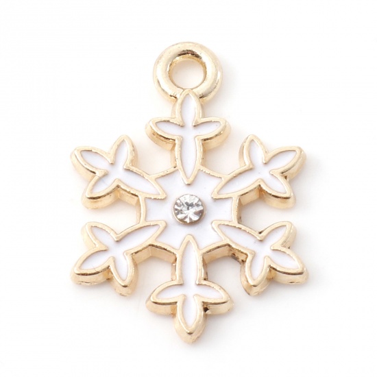 Picture of Zinc Based Alloy Christmas Charms Gold Plated White Christmas Snowflake Enamel Clear Rhinestone 20mm x 15mm, 10 PCs