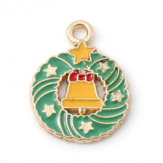 Picture of Zinc Based Alloy Christmas Charms Gold Plated Green & Yellow Christmas Wreath Bell Enamel 20mm x 15.5mm, 10 PCs