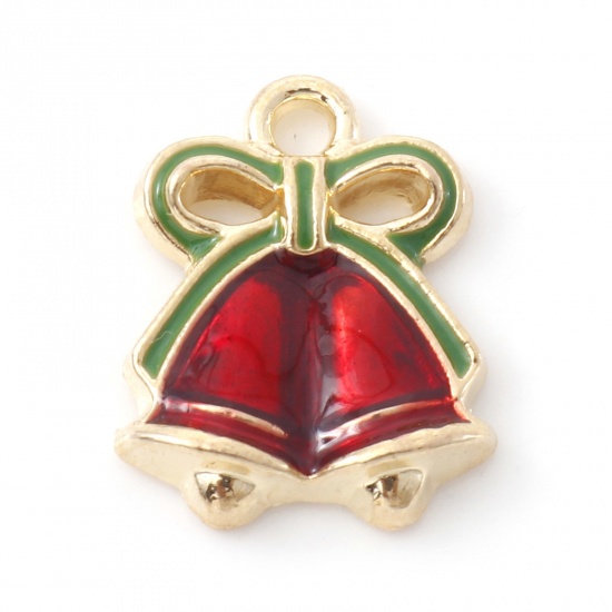 Picture of Zinc Based Alloy Christmas Charms Gold Plated Pink & Green Bell Enamel 16.5mm x 13mm, 10 PCs