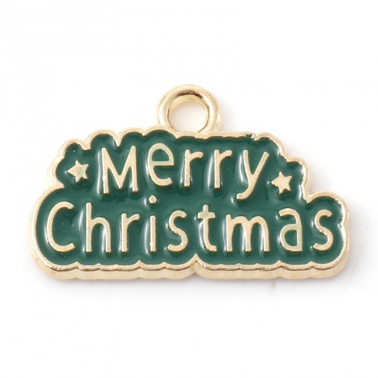 Picture of Zinc Based Alloy Christmas Charms Gold Plated Green Message " Merry Christmas " Enamel 20mm x 12.5mm, 10 PCs