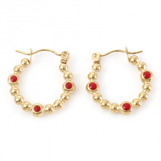 Immagine di 316 Acciaio inossidabile Elegante orecchino cerchio Oro Placcato Rosso A Forma di U Tondo Smalto 21mm x 20mm, Posta / Filo Dimensione: (21 misura), 1 Paio