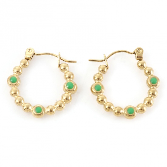 Immagine di 316 Acciaio inossidabile Elegante orecchino cerchio Oro Placcato Verde A Forma di U Tondo Smalto 21mm x 20mm, Posta / Filo Dimensione: (21 misura), 1 Paio