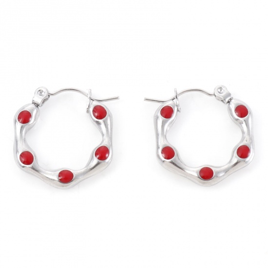 Image de Boucles d'Oreilles Créole Anneaux en 316 Acier Inoxydable Élégant Argent Mat Rouge Polygone à Pois Émail 20mm x 19mm , Epaisseur de Fil: (21 gauge), 1 Paire