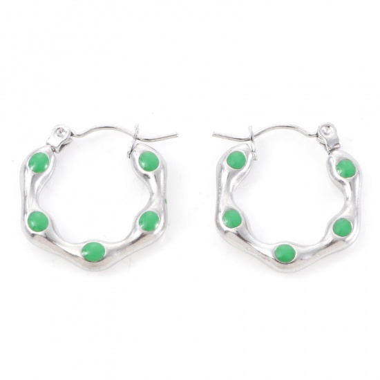 Image de Boucles d'Oreilles Créole Anneaux en 316 Acier Inoxydable Élégant Argent Mat Vert Polygone à Pois Émail 20mm x 19mm , Epaisseur de Fil: (21 gauge), 1 Paire