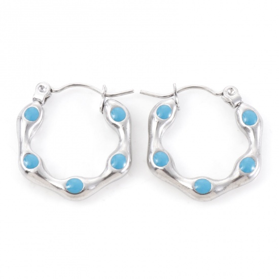 Image de Boucles d'Oreilles Créole Anneaux en 316 Acier Inoxydable Élégant Argent Mat Bleu Polygone à Pois Émail 20mm x 19mm , Epaisseur de Fil: (21 gauge), 1 Paire