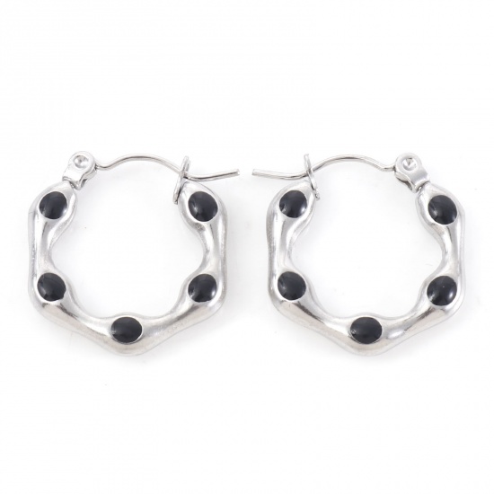 Image de Boucles d'Oreilles Créole Anneaux en 316 Acier Inoxydable Élégant Argent Mat Noir Polygone à Pois Émail 20mm x 19mm , Epaisseur de Fil: (21 gauge), 1 Paire