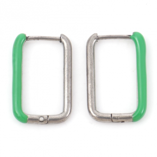 Image de Boucles d'Oreilles Créole Anneaux en 316 Acier Inoxydable Élégant Argent Mat Vert Rectangle Émail 20mm x 13mm , Epaisseur de Fil: (18 gauge), 1 Paire