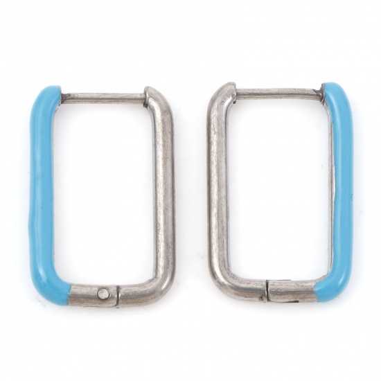 Image de Boucles d'Oreilles Créole Anneaux en 316 Acier Inoxydable Élégant Argent Mat Bleu Rectangle Émail 20mm x 13mm , Epaisseur de Fil: (18 gauge), 1 Paire