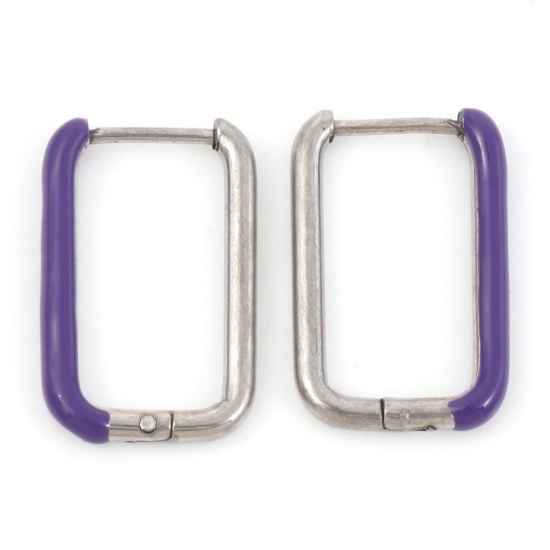 Image de Boucles d'Oreilles Créole Anneaux en 316 Acier Inoxydable Élégant Argent Mat Violet Rectangle Émail 20mm x 13mm , Epaisseur de Fil: (18 gauge), 1 Paire