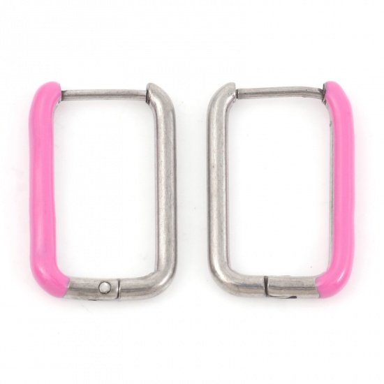 Image de Boucles d'Oreilles Créole Anneaux en 316 Acier Inoxydable Élégant Argent Mat Fuchsia Rectangle Émail 20mm x 13mm , Epaisseur de Fil: (18 gauge), 1 Paire