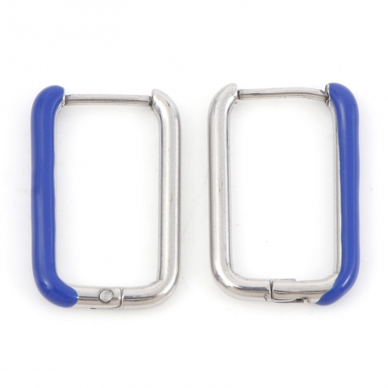 Image de Boucles d'Oreilles Créole Anneaux en 316 Acier Inoxydable Élégant Argent Mat Bleu Foncé Rectangle Émail 20mm x 13mm , Epaisseur de Fil: (18 gauge), 1 Paire