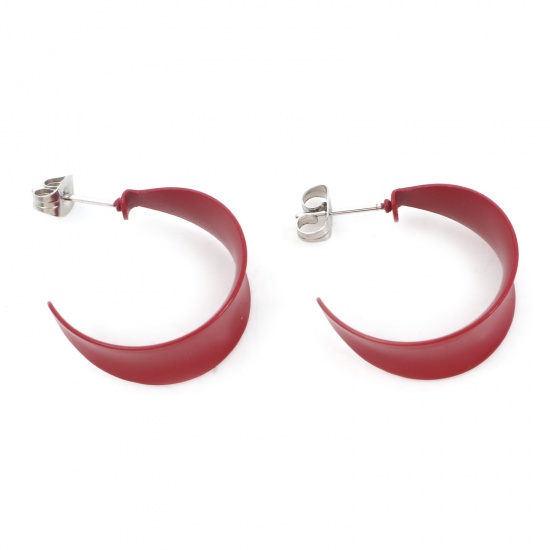 Picture of 316 Stainless Steel Stylish Hoop Earrings Silver Tone Wine Red C Shape Painted 25mm x 21mm, Post/ Wire Size: (20 gauge), 1 Pair