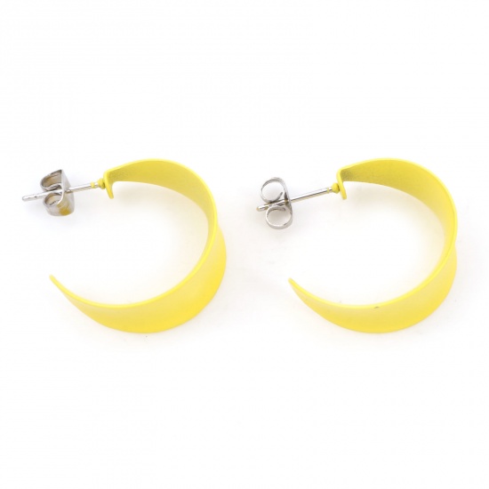 Picture of 316 Stainless Steel Stylish Hoop Earrings Silver Tone Yellow C Shape Painted 25mm x 21mm, Post/ Wire Size: (20 gauge), 1 Pair