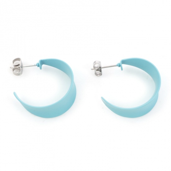 Picture of 316 Stainless Steel Stylish Hoop Earrings Silver Tone Mint Green C Shape Painted 25mm x 21mm, Post/ Wire Size: (20 gauge), 1 Pair