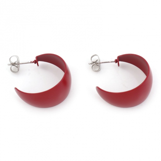Picture of 316 Stainless Steel Stylish Hoop Earrings Silver Tone Wine Red C Shape Painted 24mm x 21mm, Post/ Wire Size: (20 gauge), 1 Pair