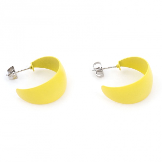 Picture of 316 Stainless Steel Stylish Hoop Earrings Silver Tone Yellow C Shape Painted 24mm x 21mm, Post/ Wire Size: (20 gauge), 1 Pair