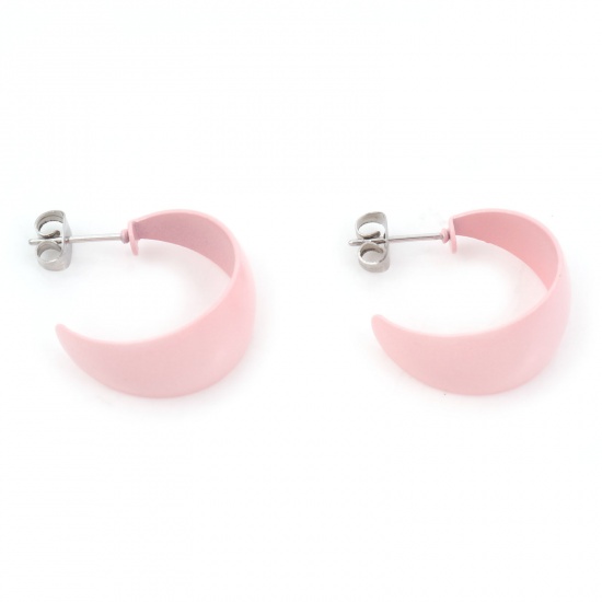 Picture of 316 Stainless Steel Stylish Hoop Earrings Silver Tone Pink C Shape Painted 24mm x 21mm, Post/ Wire Size: (20 gauge), 1 Pair