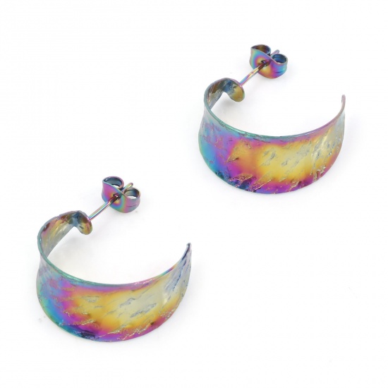 Image de 1 Paire Boucles d'Oreilles Créole Anneaux en 316 Acier Inoxydable Placage sous Vide Élégant Plaqué de Couleur Arc-en-ciel Forme de C Texture 25mm x 22mm , Epaisseur de Fil: (20 gauge)