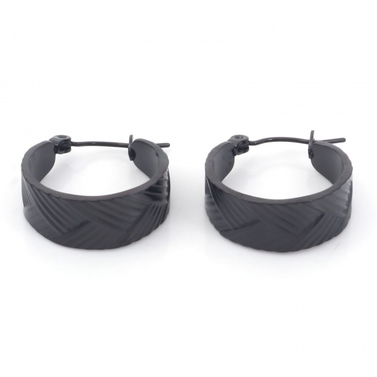Imagen de 1 Par Enchapado al Vacío 316 Acero Inoxidable Elegante Aretes de Aro Negro Forma de C Raya 21mm x 20mm, Post/ Wire Size: (21 gauge)