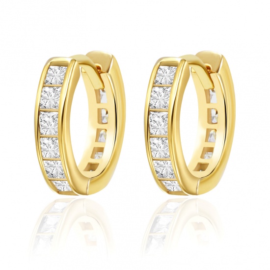 Picture of Wholesale Exquisite Stylish Huggie Hoop Earrings, Clear Rhinestone 18K Real Gold Plated Brass, Women's Eco-friendly Gift Jewelry Supply, 13.6mm x 13mm, 1 Pair