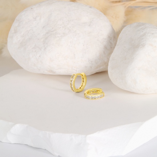 Picture of Wholesale Exquisite Stylish Huggie Hoop Earrings, Clear Rhinestone 18K Real Gold Plated Brass, Women's Eco-friendly Gift Jewelry Supply, 13.6mm x 13mm, 1 Pair
