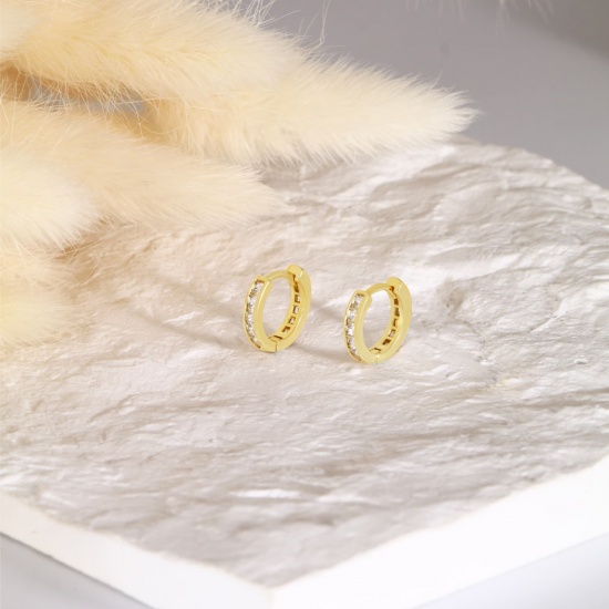 Picture of Wholesale Exquisite Stylish Huggie Hoop Earrings, Clear Rhinestone 18K Real Gold Plated Brass, Women's Eco-friendly Gift Jewelry Supply, 13.6mm x 13mm, 1 Pair