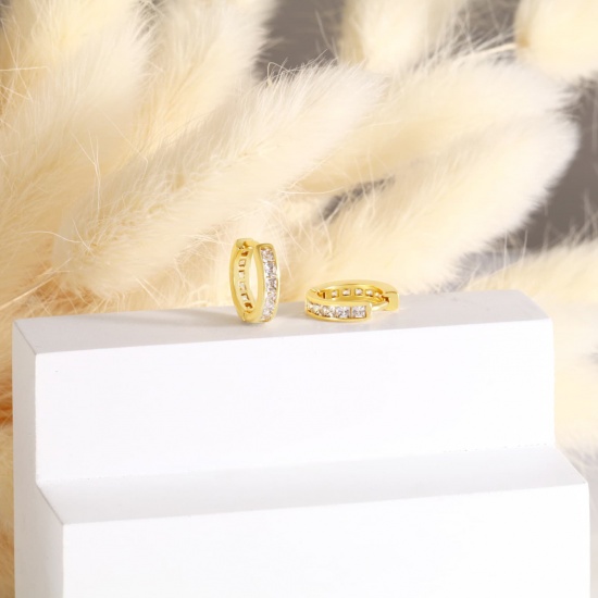 Picture of Wholesale Exquisite Stylish Huggie Hoop Earrings, Clear Rhinestone 18K Real Gold Plated Brass, Women's Eco-friendly Gift Jewelry Supply, 13.6mm x 13mm, 1 Pair