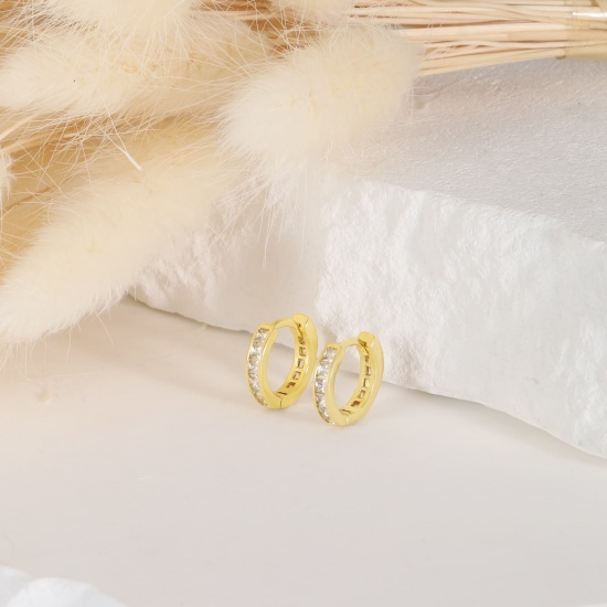 Picture of Wholesale Exquisite Stylish Huggie Hoop Earrings, Clear Rhinestone 18K Real Gold Plated Brass, Women's Eco-friendly Gift Jewelry Supply, 13.6mm x 13mm, 1 Pair